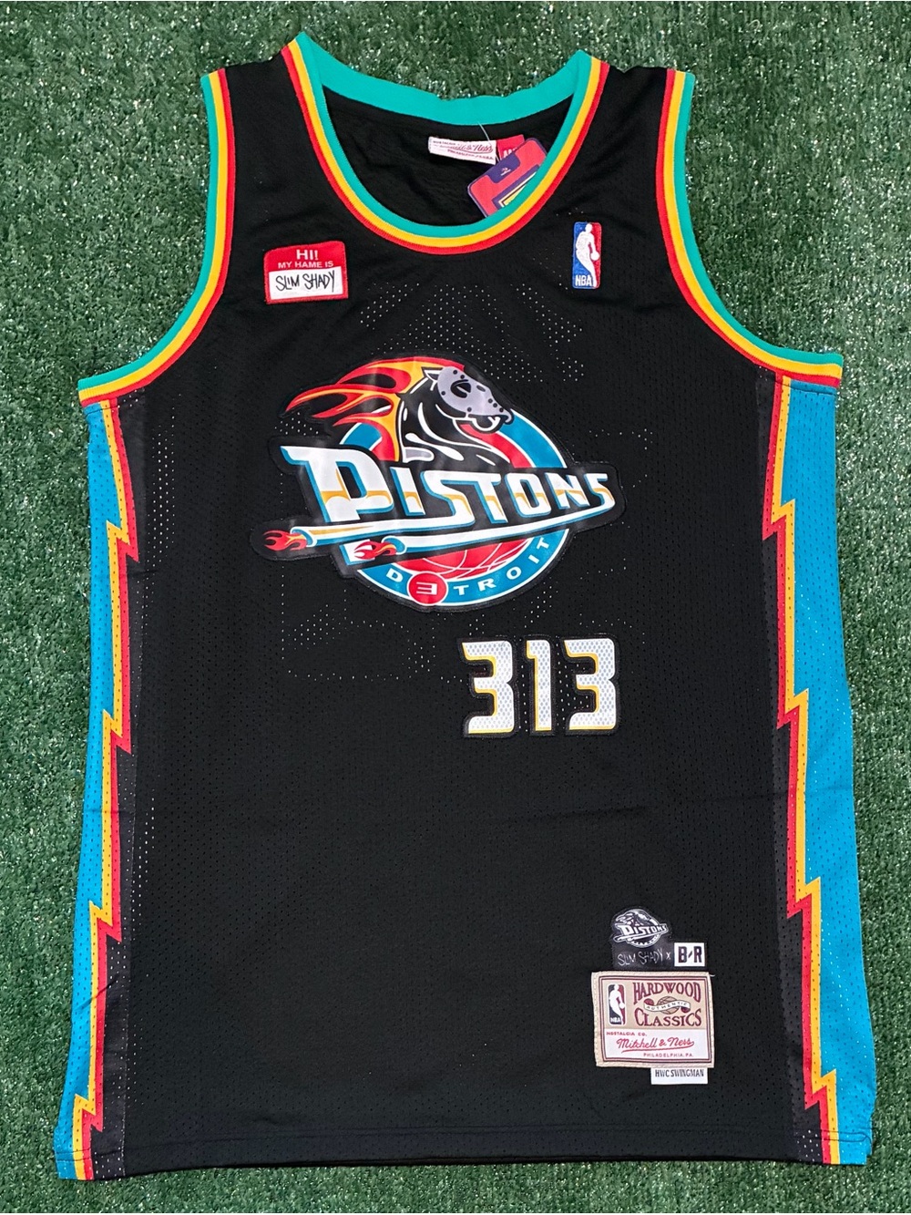 Black Pistons Jersey Shady #313 with Teal, Red & Yellow Trim